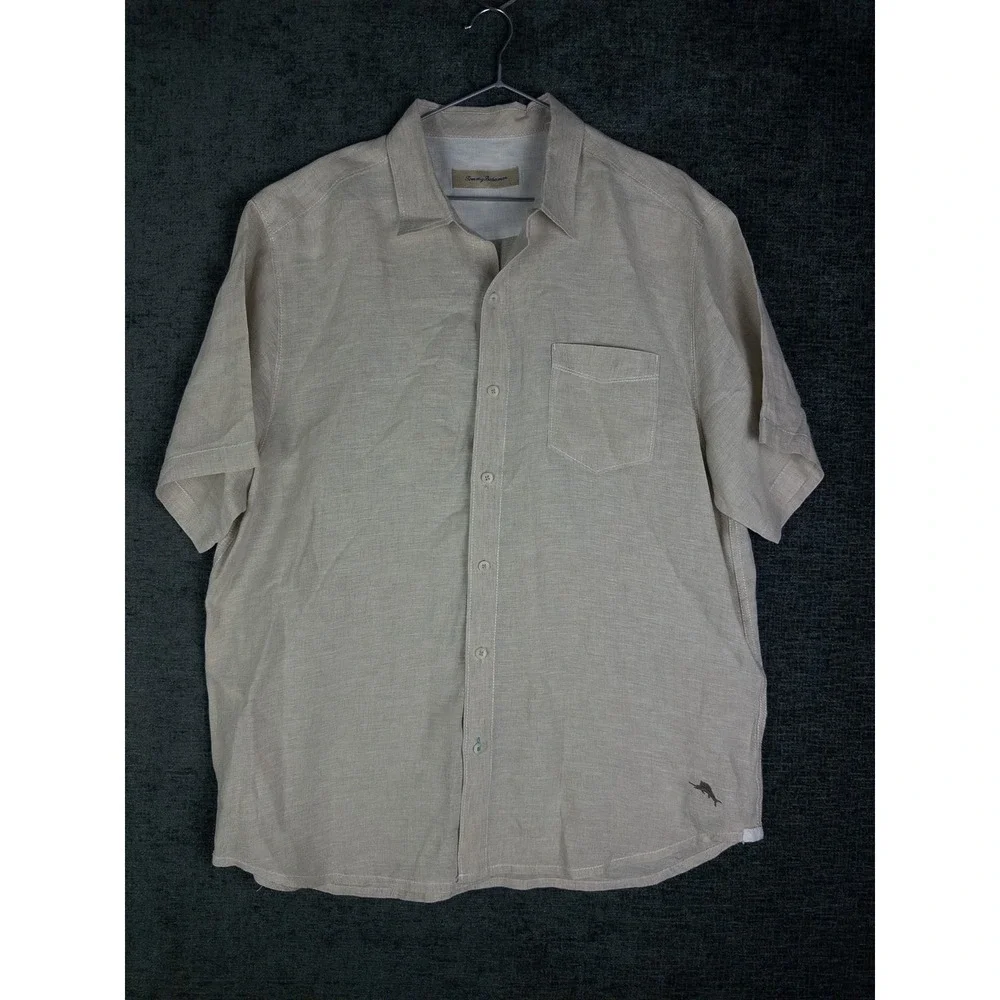 Tommy Bahama‎ Linen Shirt Mens L Tan Hawaiian Vacations Resort Short Sleeve